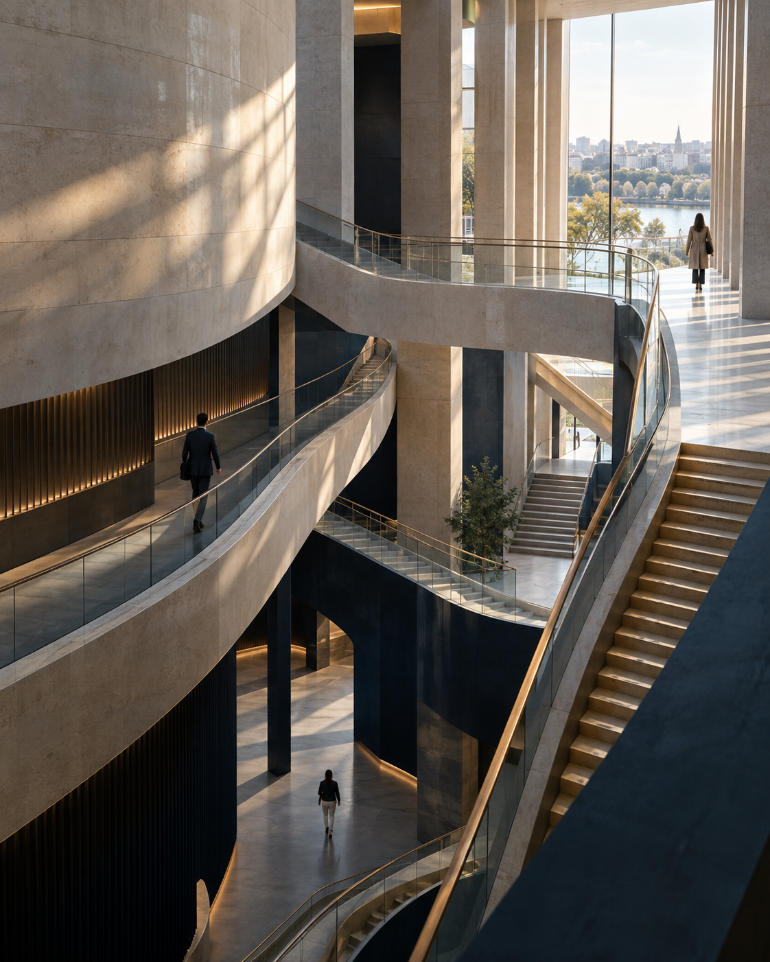 Leaders moving through intersecting paths in a light-filled architectural space
